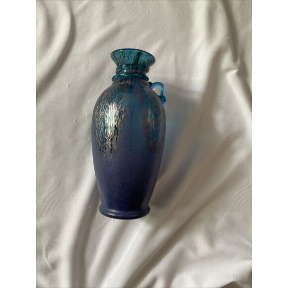 Handmade Blue & Gold Art Glass Vase With Textured Design - Decorative Accent Pie - Picture 4 of 14